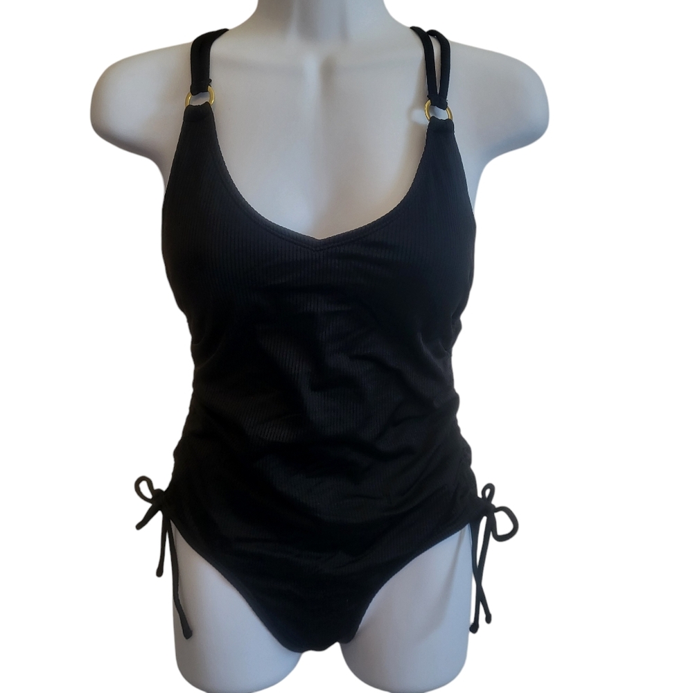 EUC Time & Tru Black Obe Piece Swimsuit Size S (4-6) Gold Ring Detail La…